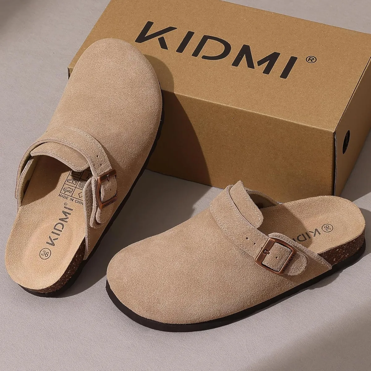 KIDMI Women's Suede Clogs with Back Strap Men's Leather Mules Cork Footbed Sli view 6