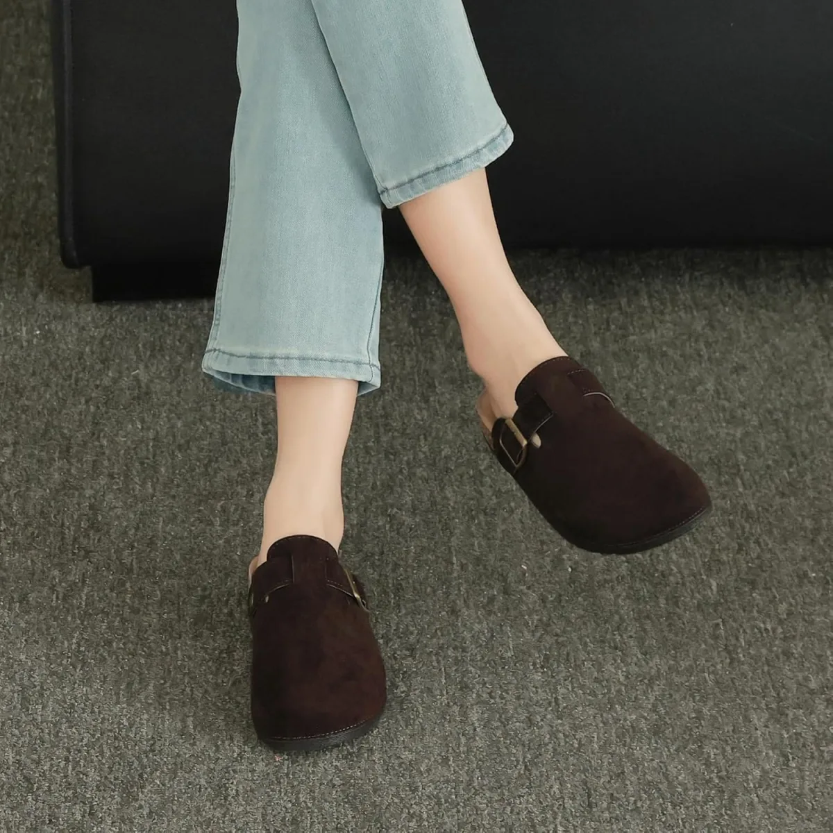 Womens Mens Suede Clogs Leather Mules with Arch Support, Adjustable Buckle Sli view 2
