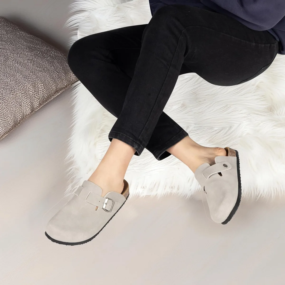 Women's Suede Clogs Slip-On Buckle Slides Leather Mules Cork Footbed Sandals P view 2