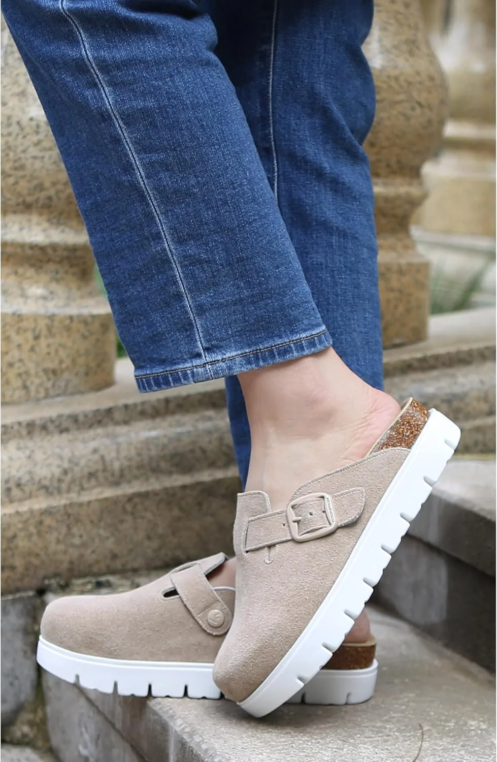 Genuine Suede Clogs for Women Platform Shoes，Leather Comfort Potato Shoes Chun view 4