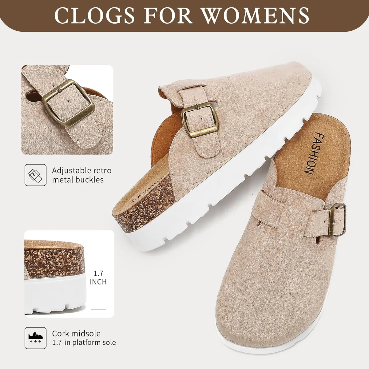 youermei Leather Platform Clogs for Women with Cork Footbed,Comfort Memory Foa view 4