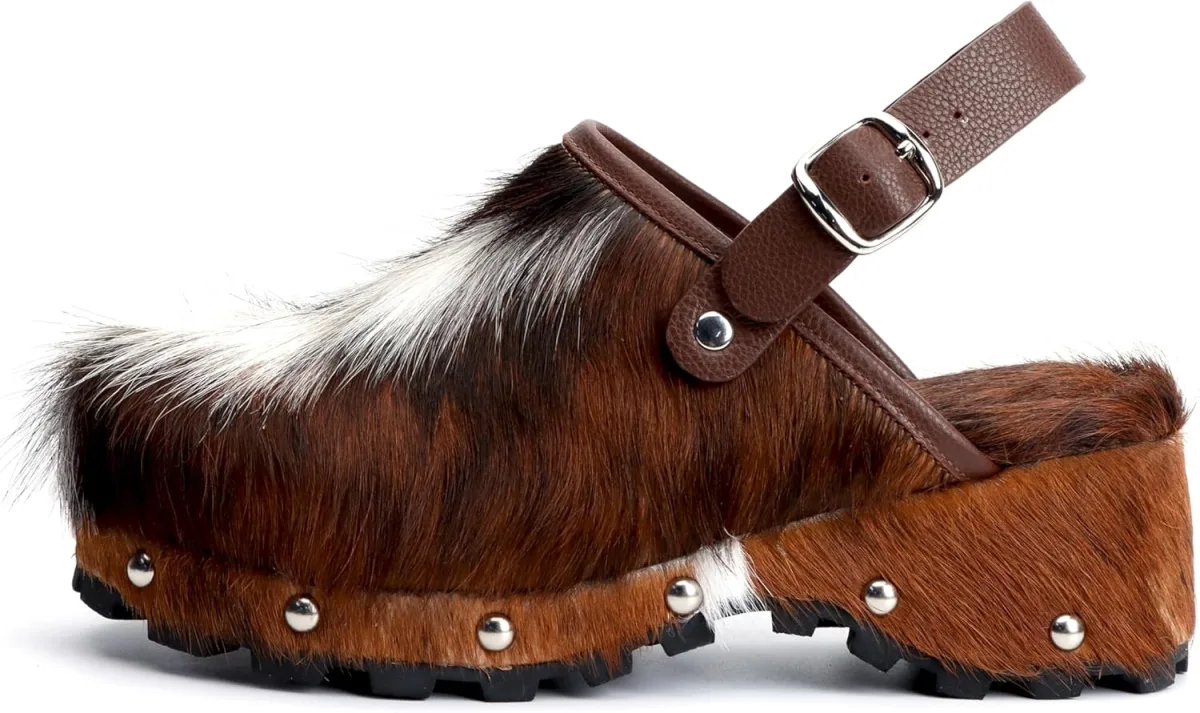 XOBZJH Women's Luxury Natural Cowhide Hair Platform Clogs view 4