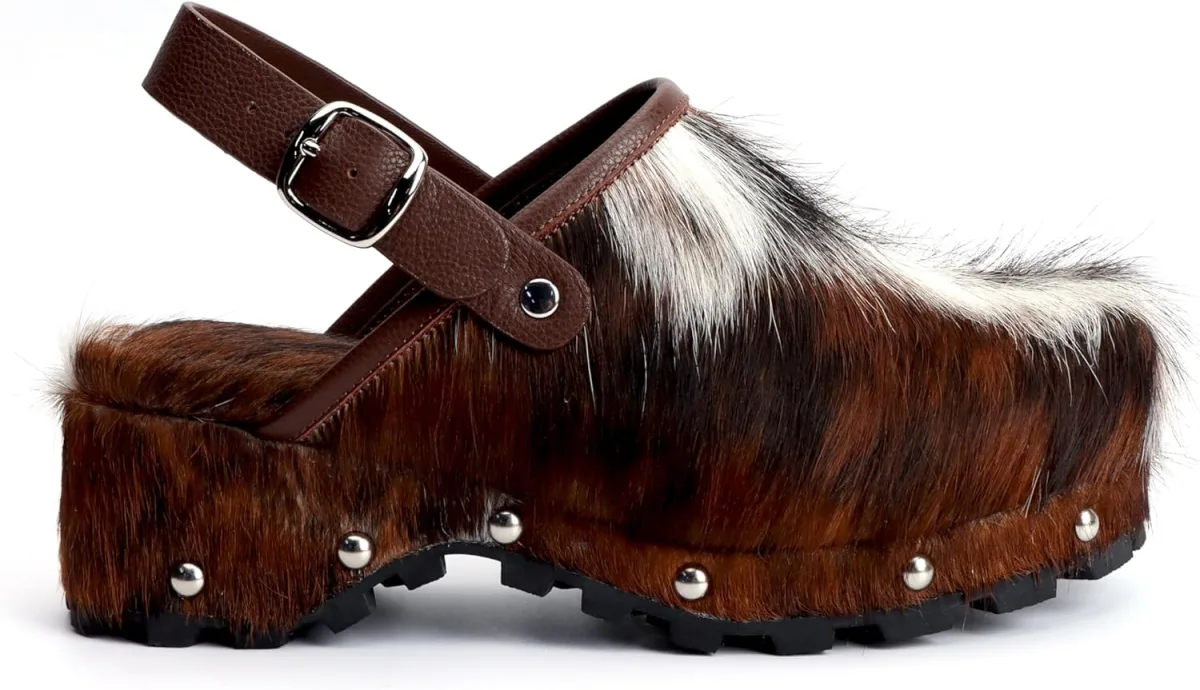 XOBZJH Women's Luxury Natural Cowhide Hair Platform Clogs view 6