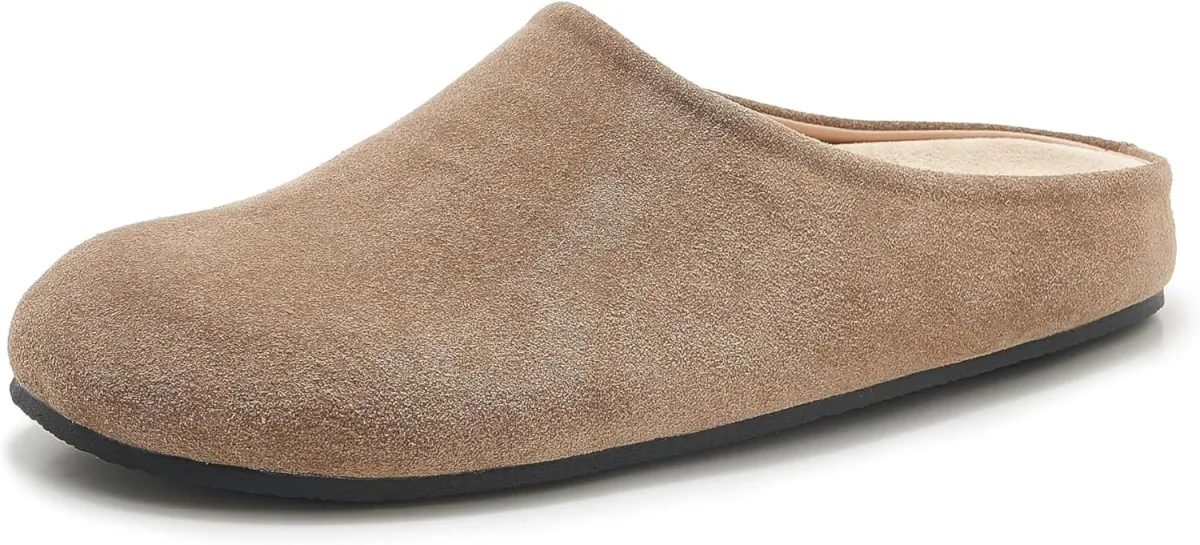 Women's Suede Clogs Round Toe Leather Mules Cork Footbed Clog with Arch Suppor view 2