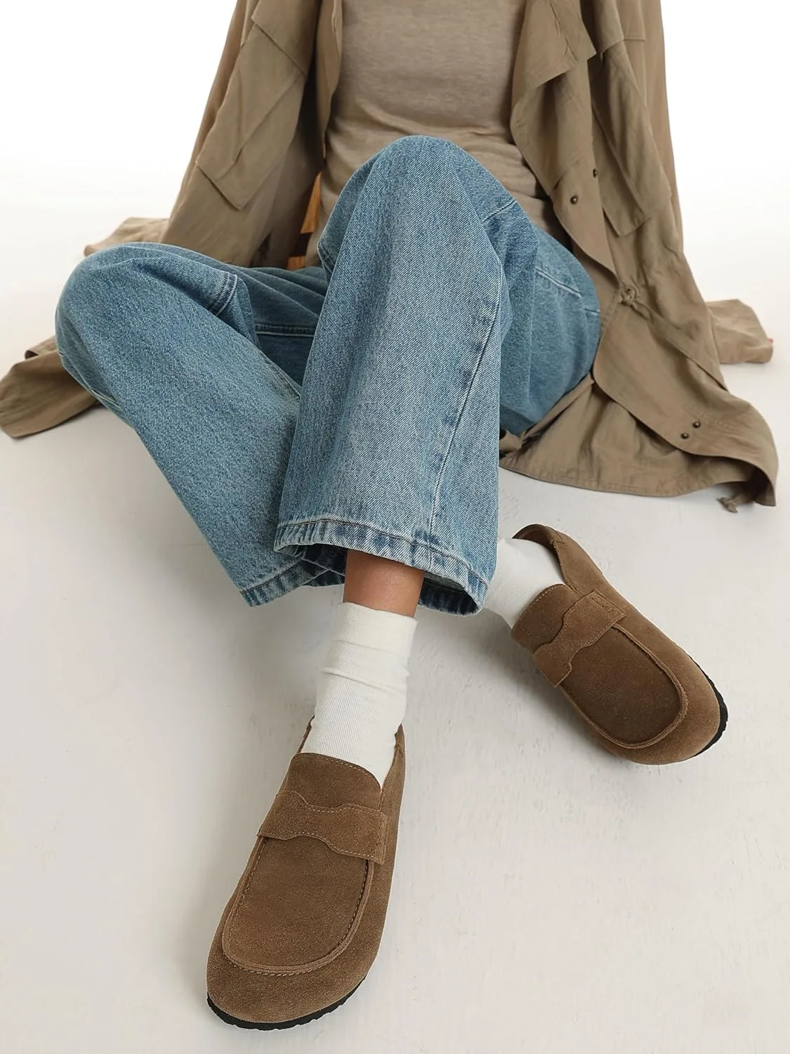 Women's Suede Mules Genuine Leather Clogs Closed Square Toe Slip On Durable Cl view 6