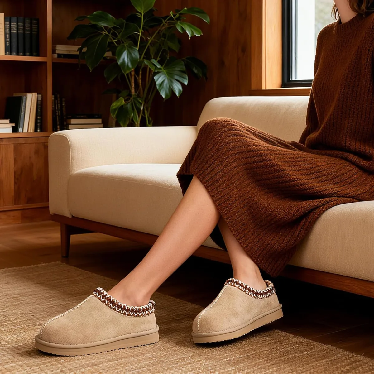 mazeskin Women's 100% Shearling Genuine Suede Slippers, Memory Foam Australian view 2