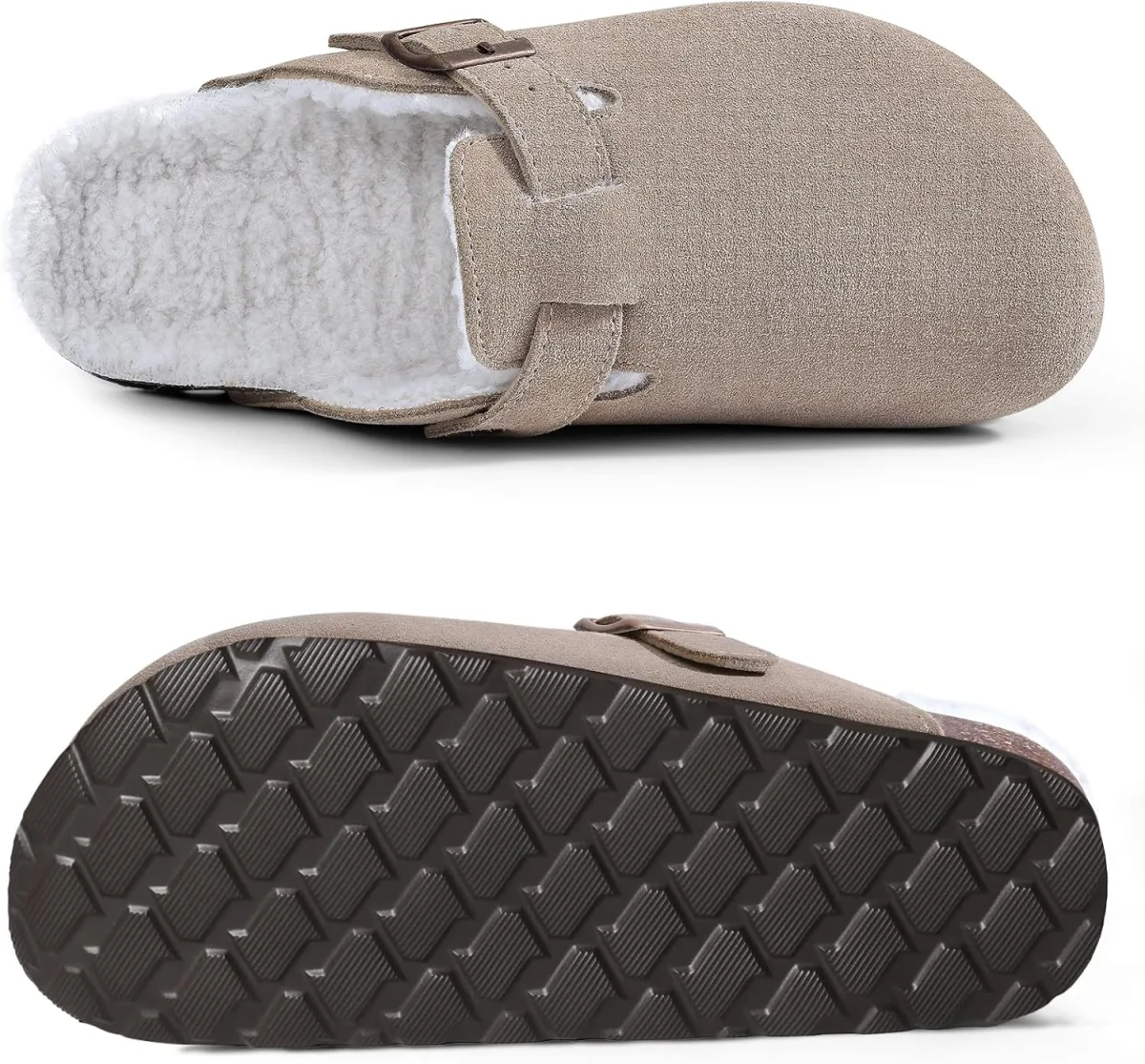 KIDMI Women's Fur Lined Suede Clogs Fuzzy Cork Footbed Mules Slip On Winter Po view 3
