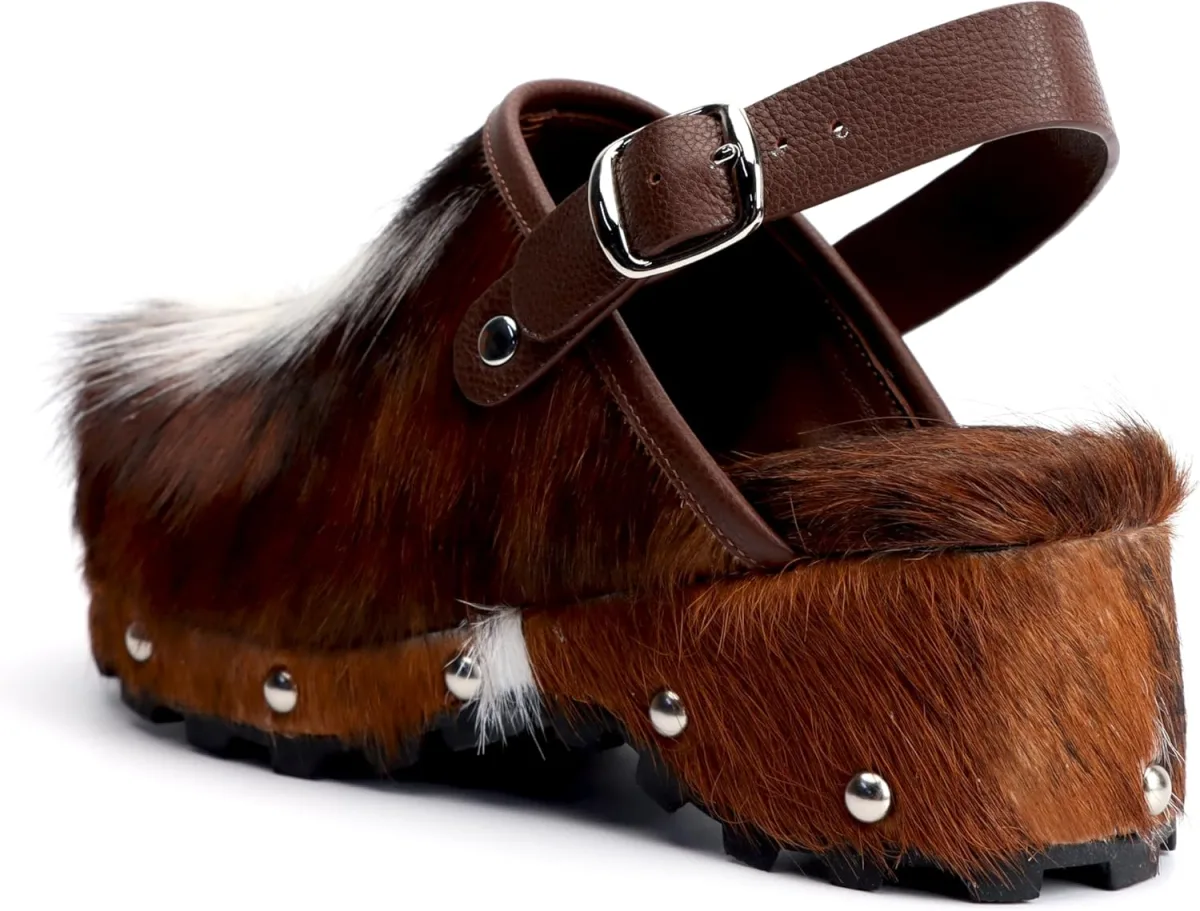 XOBZJH Women's Luxury Natural Cowhide Hair Platform Clogs view 5