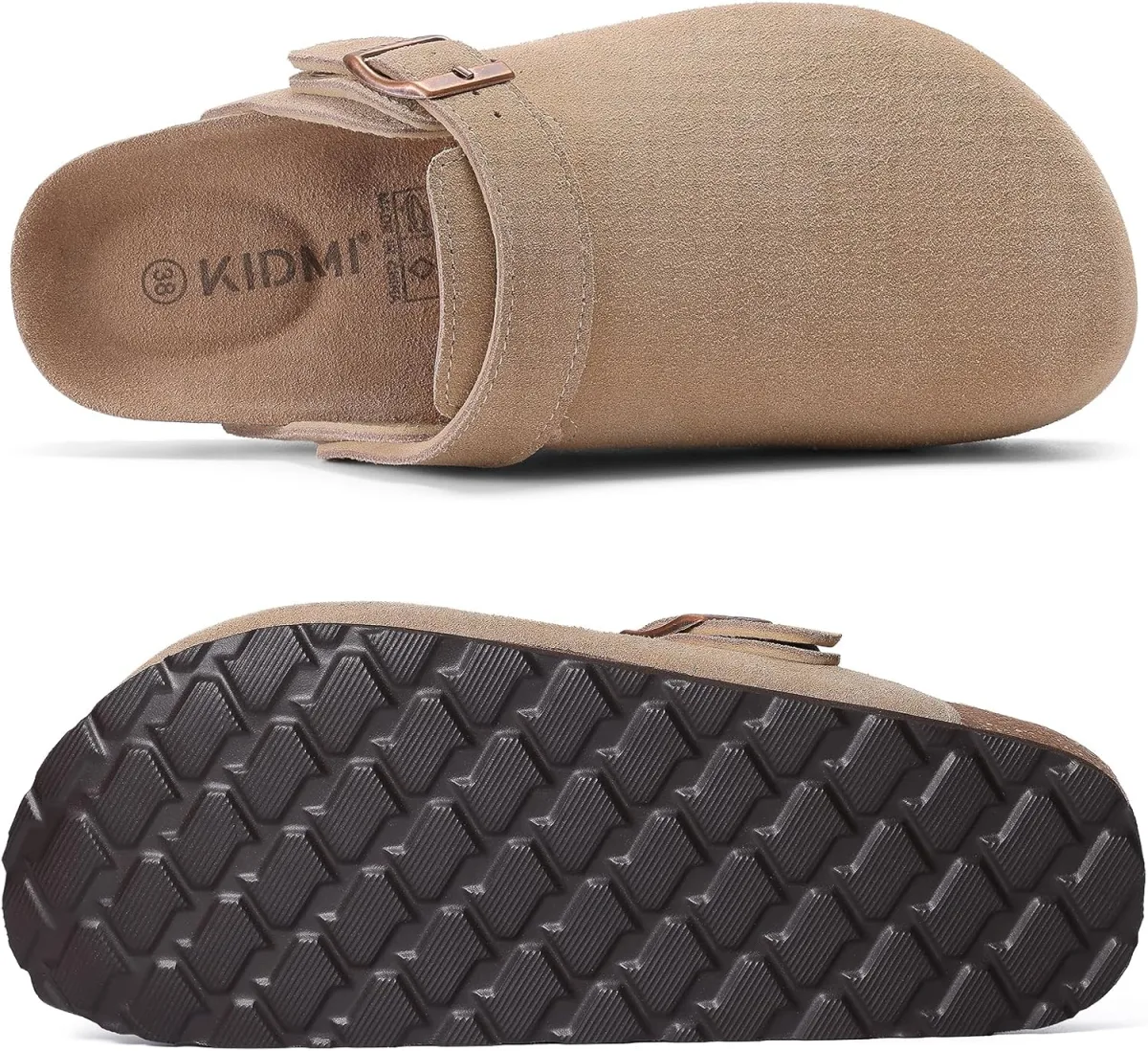 KIDMI Women's Suede Clogs with Back Strap Men's Leather Mules Cork Footbed Sli view 4