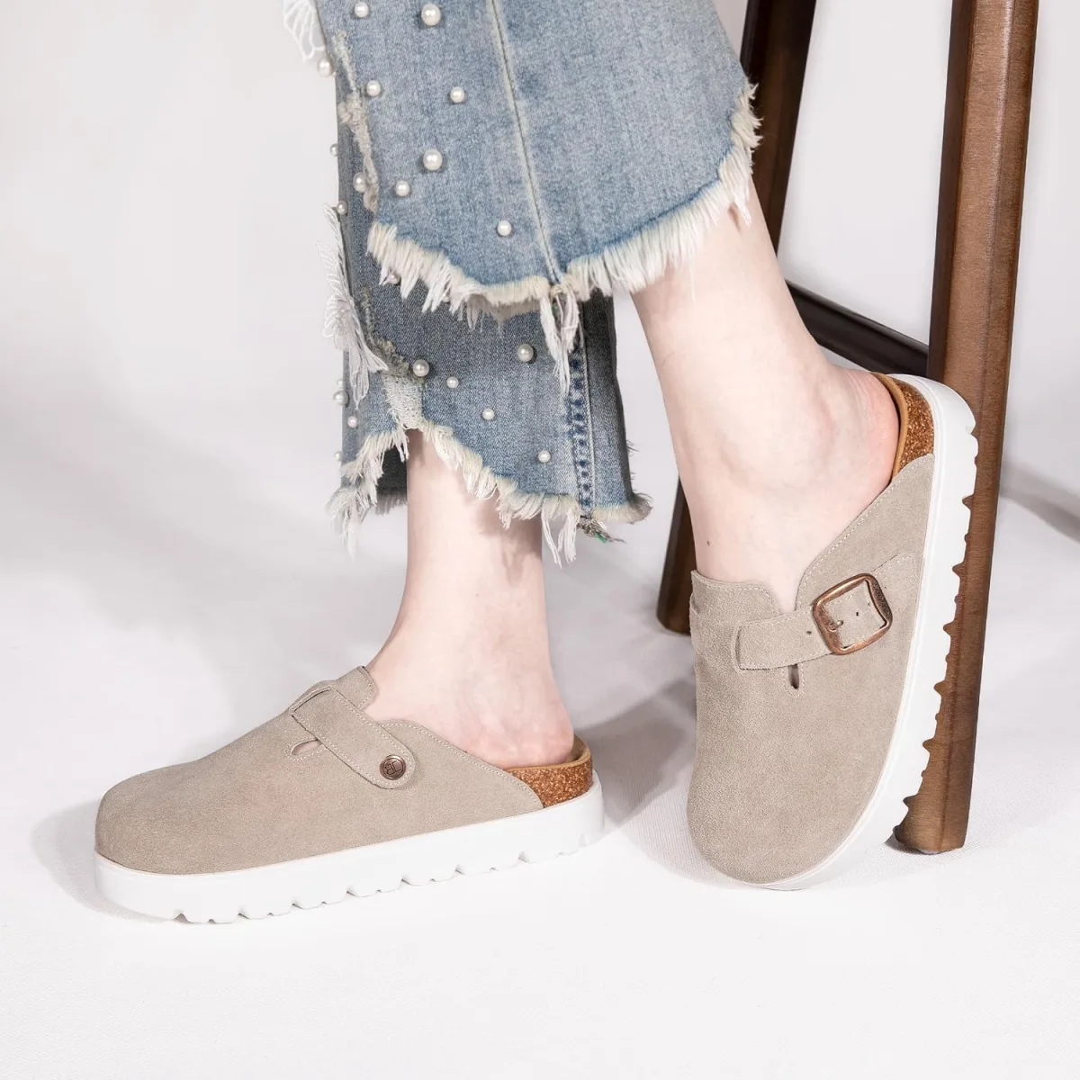 Women's Suede Clogs Non-Slip Potato Shoes Slip-On Mules Platform Sandals with view 2