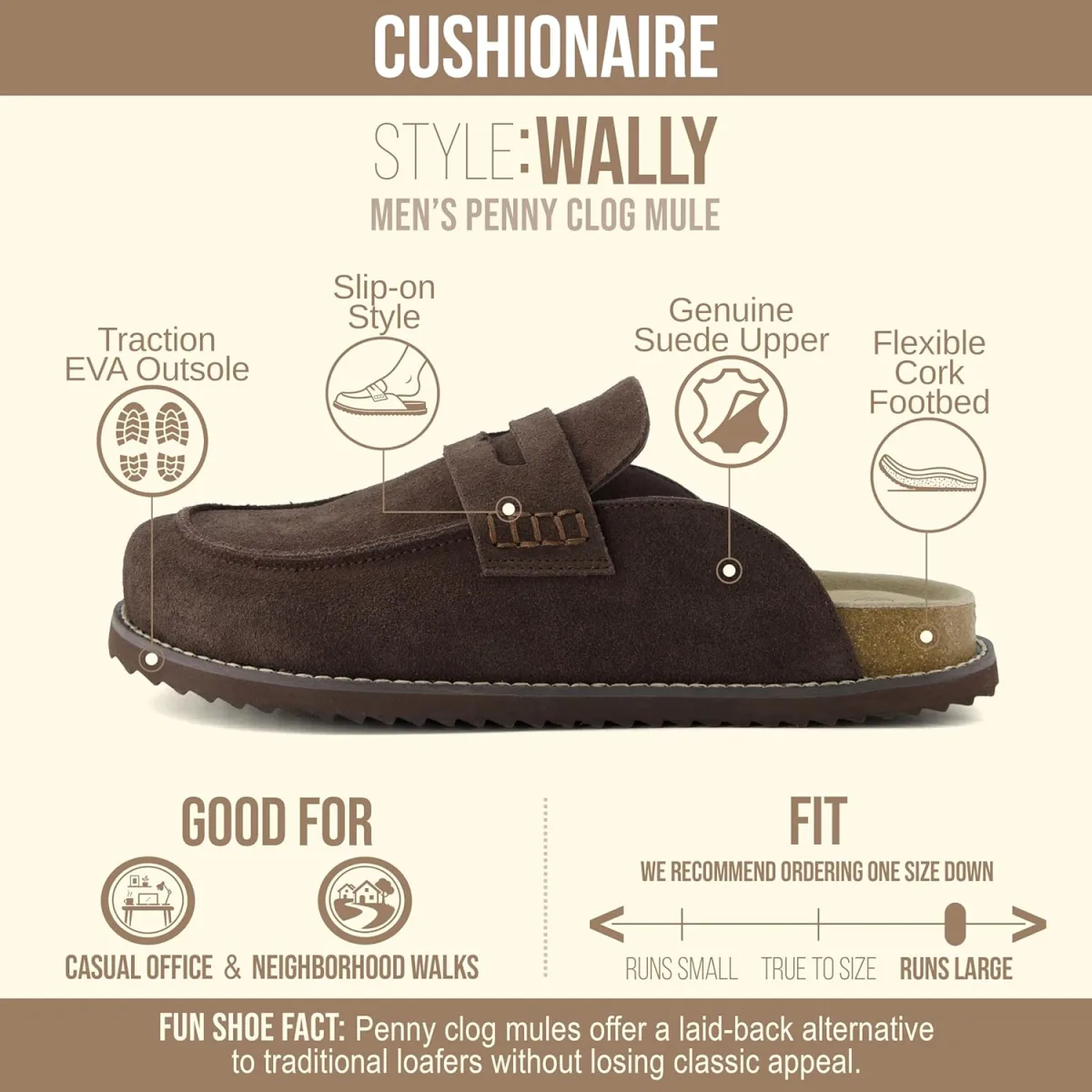 CUSHIONAIRE Wally Loafer-Style Suede Clogs for Men, Slip-On Backless Indoor Ou view 4
