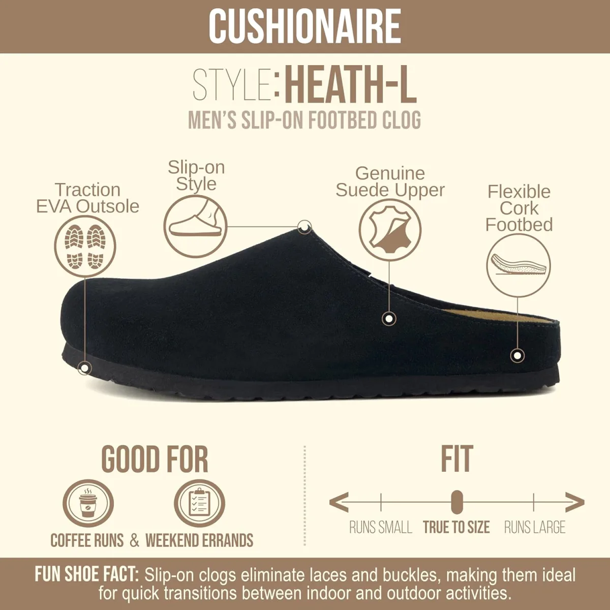 CUSHIONAIRE Heath Genuine Suede Leather Mens Clogs with Memory Foam Comfort, E view 4