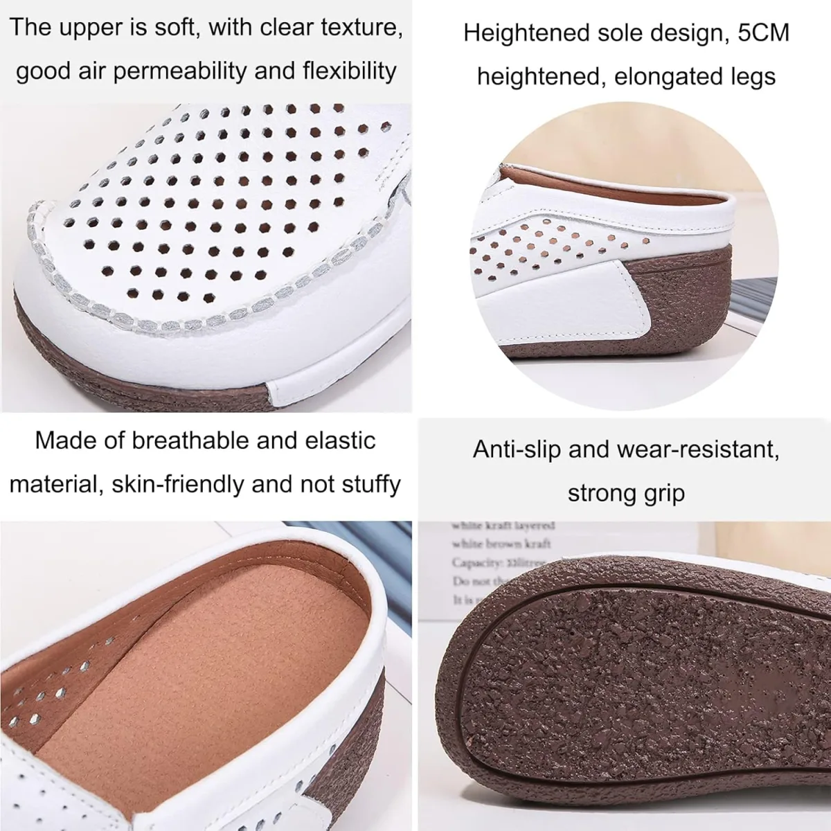 UGOSELEC Women Leather Breathable Slip On Mules,Casual Hollow Out Non-Slip Arc view 3