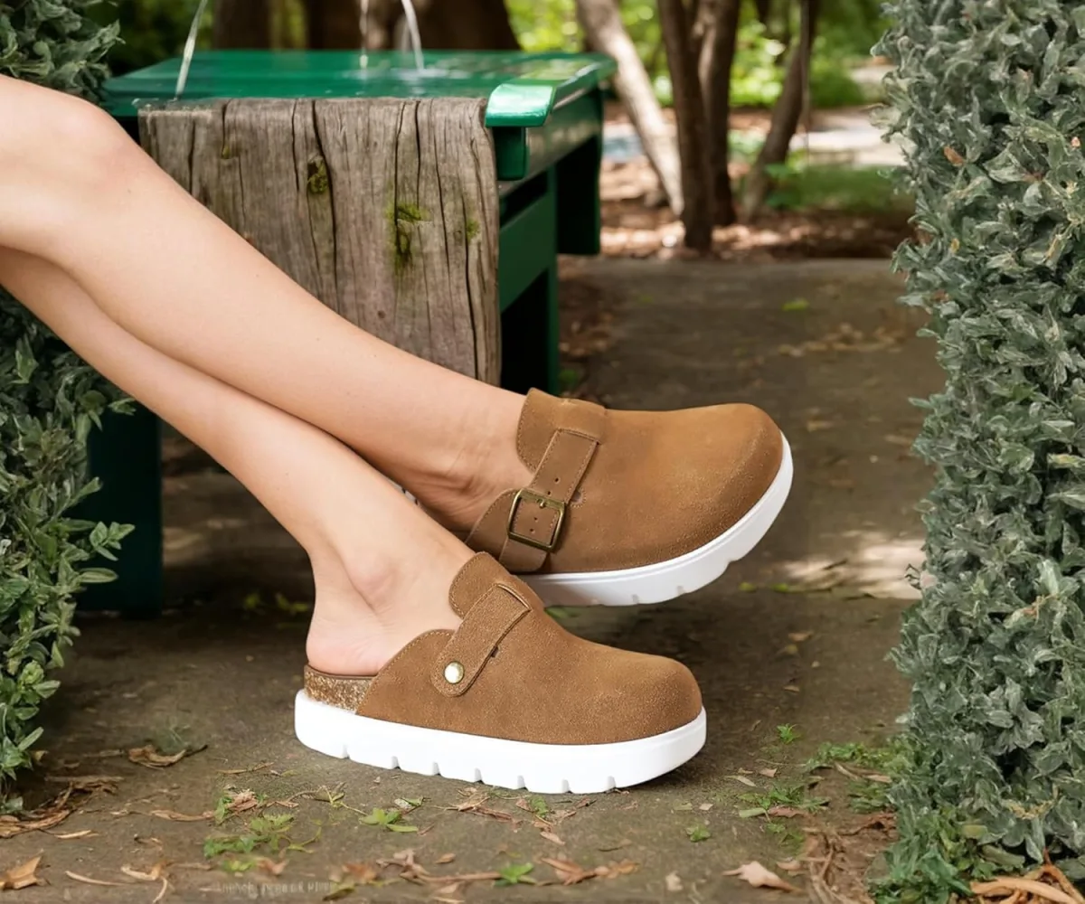 Genuine Leather Chunky Big Buckle Platform Benton Clogs for Women Memory Foam view 2