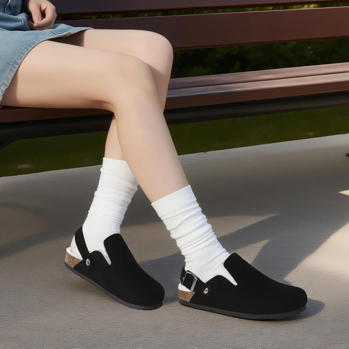 Suede Clogs for Women Leather Mules Adjustable Buckle with Comfort Cork Footbe view 3