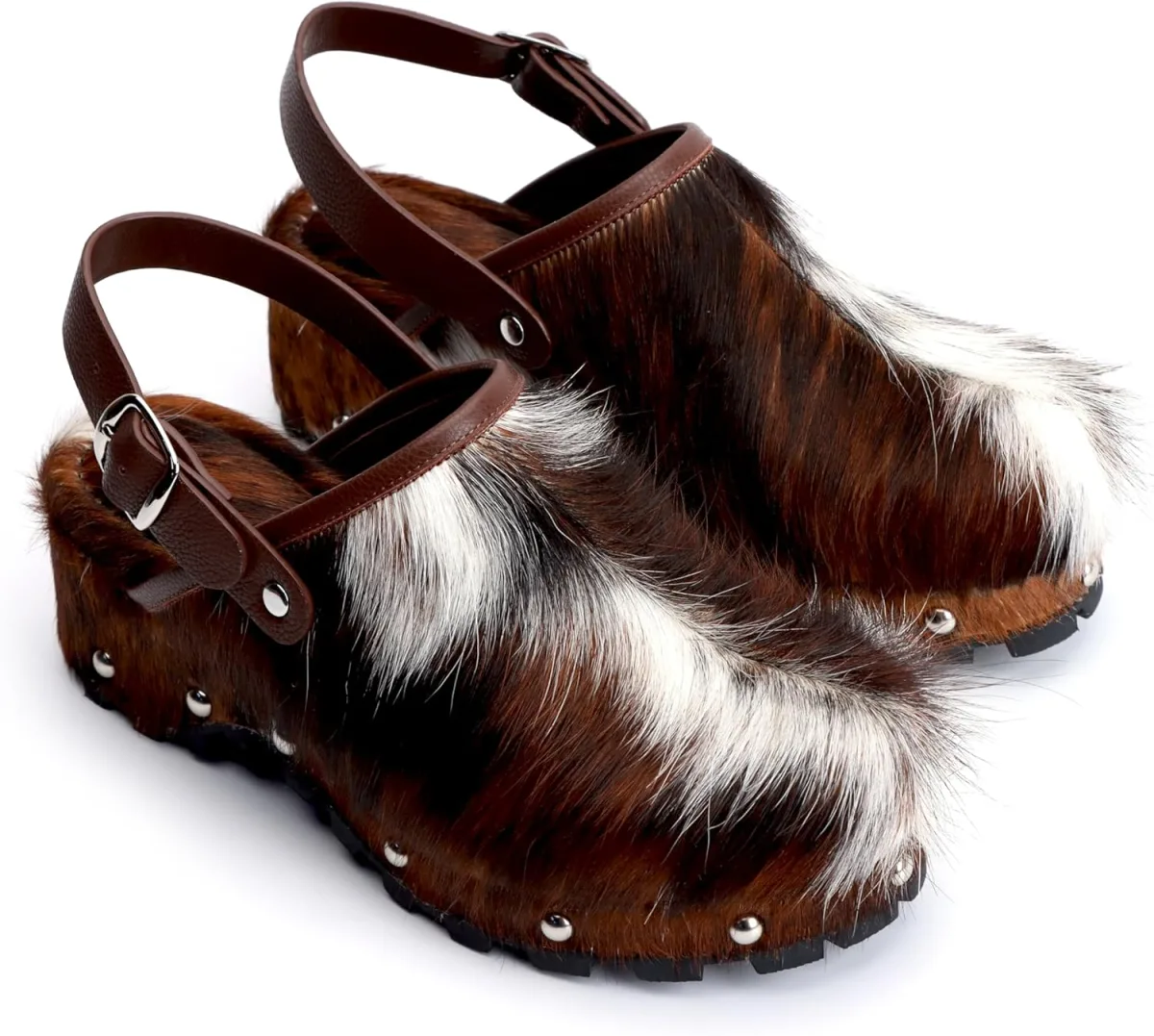 XOBZJH Women's Luxury Natural Cowhide Hair Platform Clogs view 3