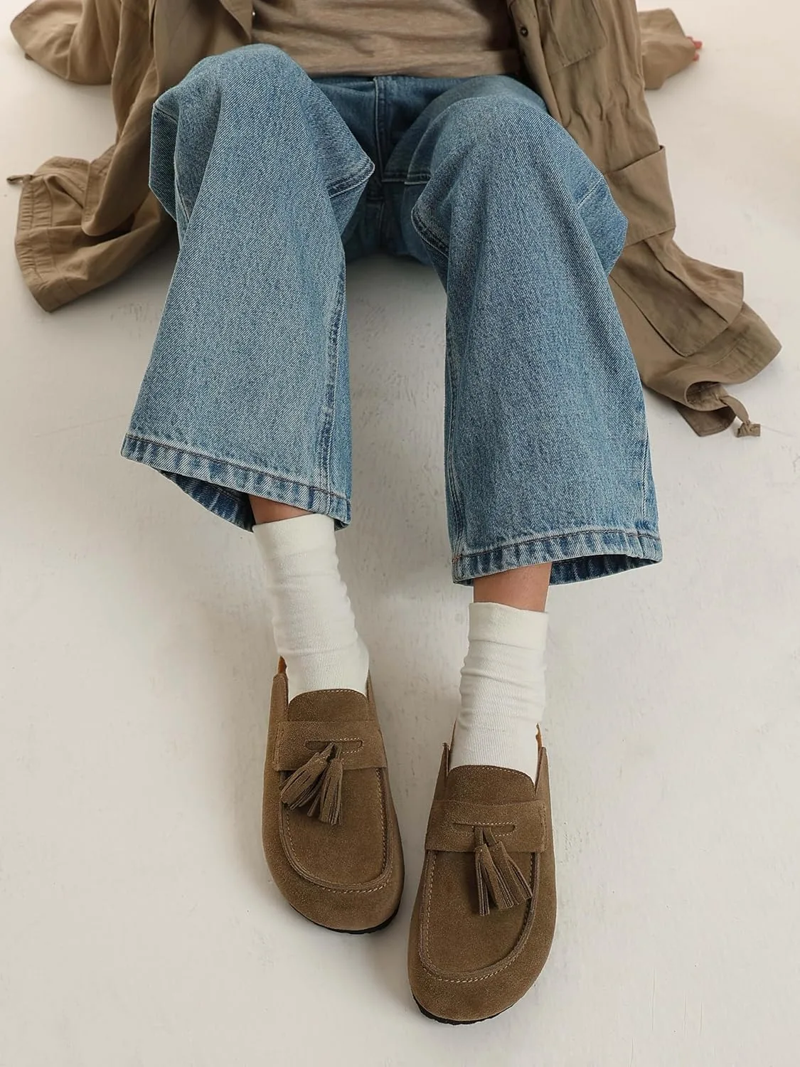 Suede Clogs for Women Genuine Leather Mules with Tassel Fringe Comfort Cork Fo view 3