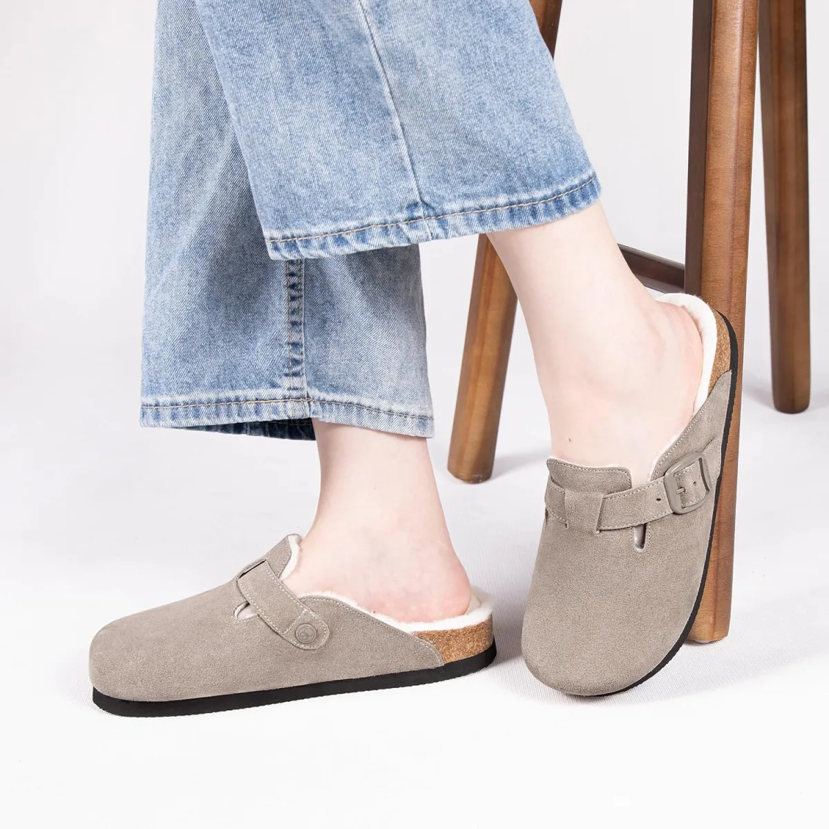 Women's Fuzzy Suede Clogs Leather Mules Fur Lined Soft Non Slip Potato Shoes w view 2